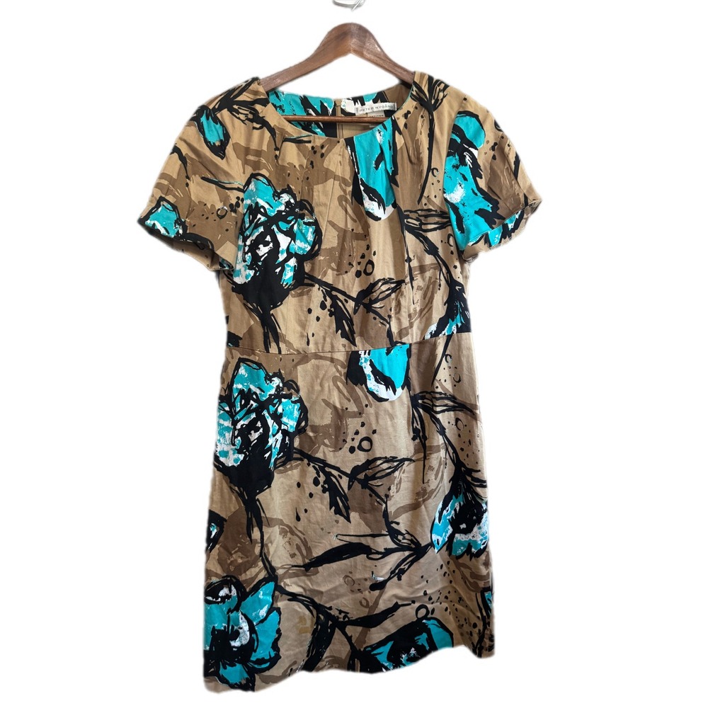 Peter Nygard Floral‎ Sheath Dress Womens 12P Tan Turquoise Excellent Abstract